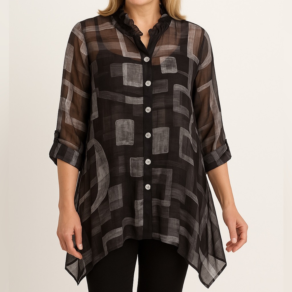 INAE Collection Sheer Wire Collar Button Blouse • Lagenlook • Small